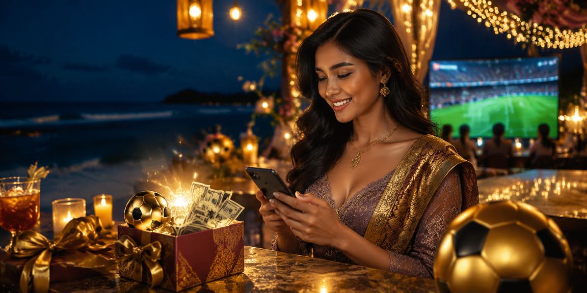 Pengguna mengakses aplikasi casino di tepi pantai dengan smartphone