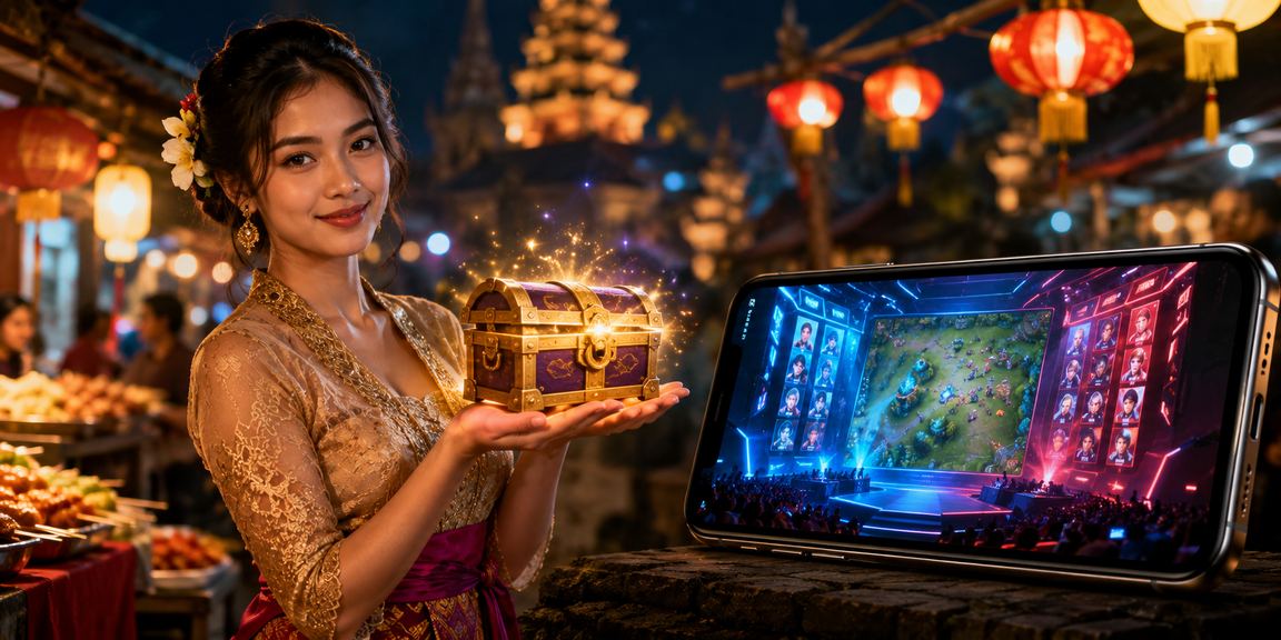 Pengguna bertaruh pada turnamen esports populer Mobile Legends dengan latar lentera tradisional