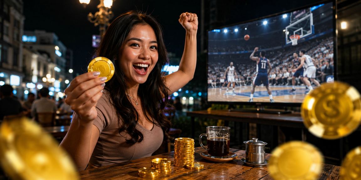 Pengguna menonton dan bertaruh pertandingan basket di kafe modern